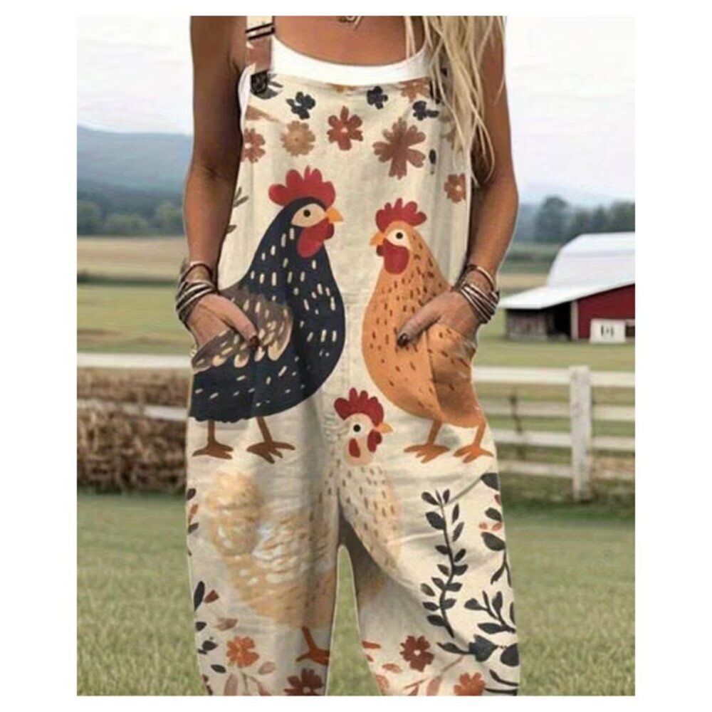 NWT-Boho Farmhouse Jumper Chicken & Floral Print Wide Leg Pants